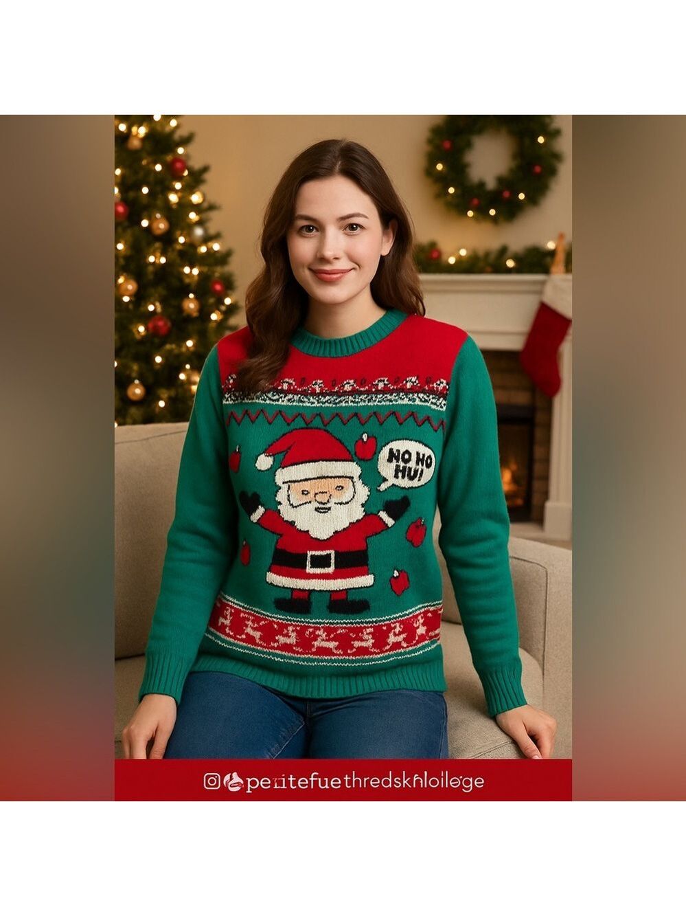Fun World “Ho Ho Ho” Santa Ugly Christmas Sweater Green Red Holiday L